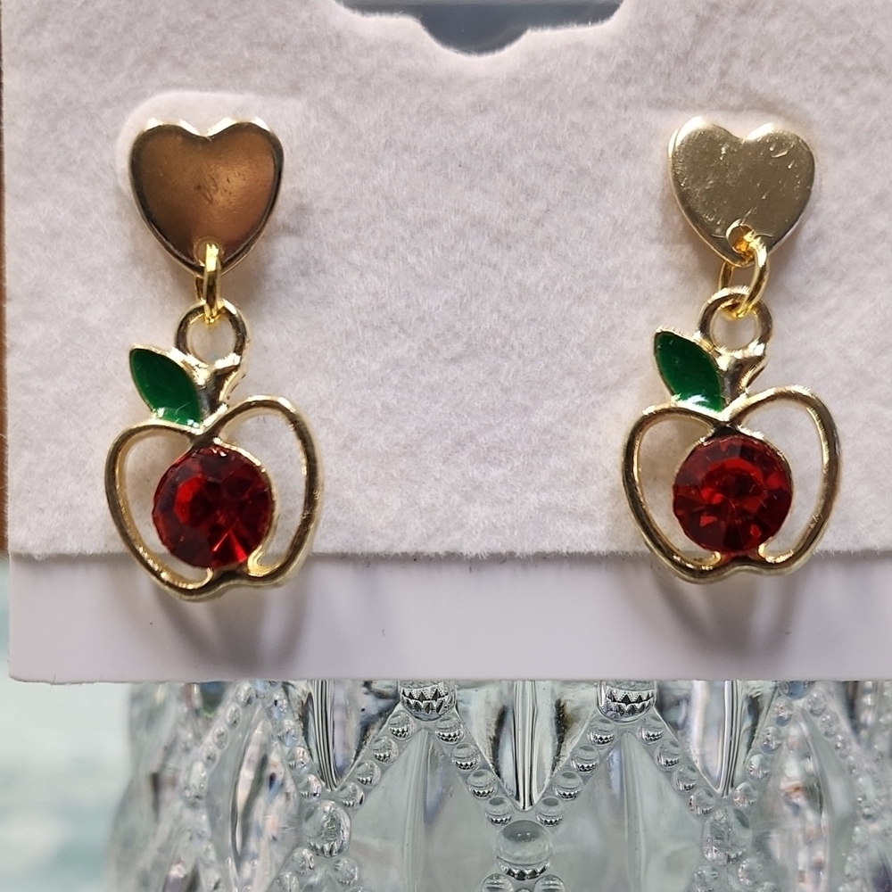 Elegant Gold Apple Earrings with Red and Green Details